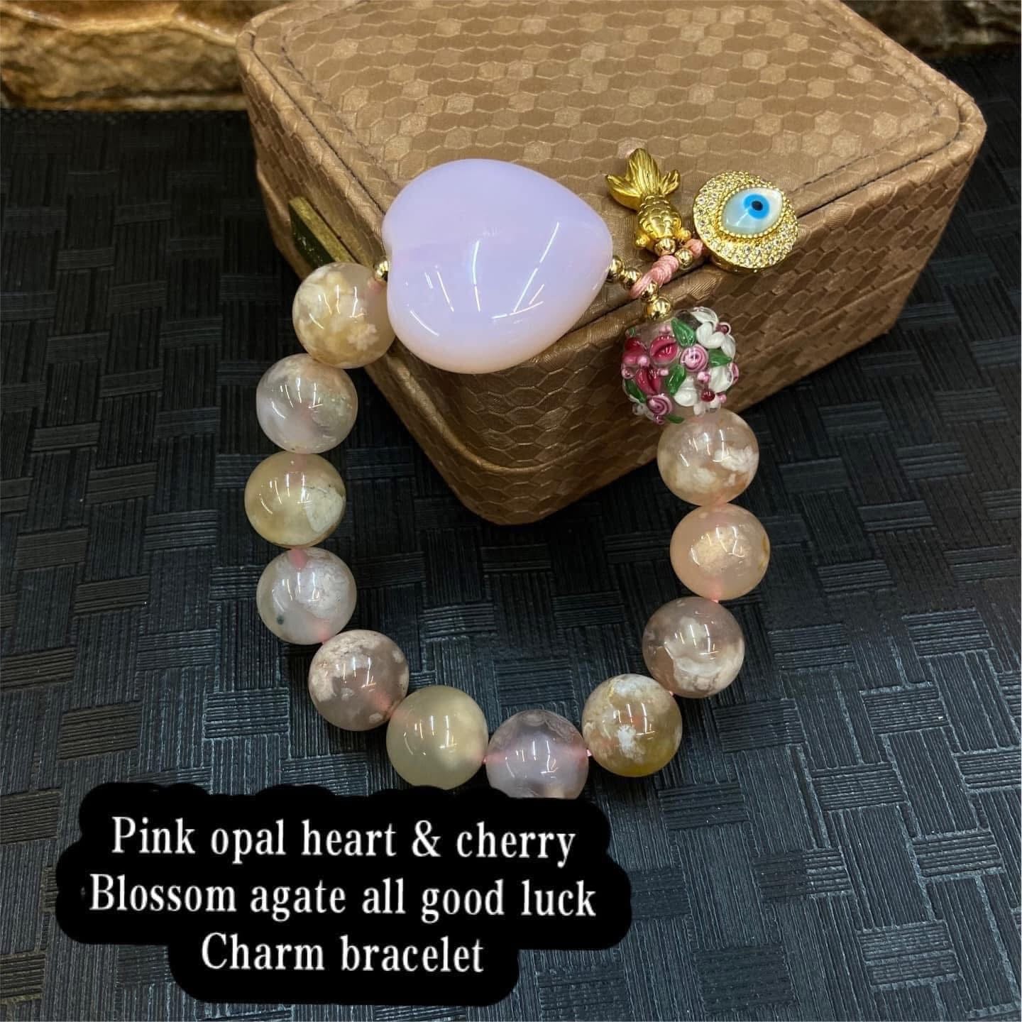 Cherry blossom Agate & pink opal heart over all good lucky charm Bracelet