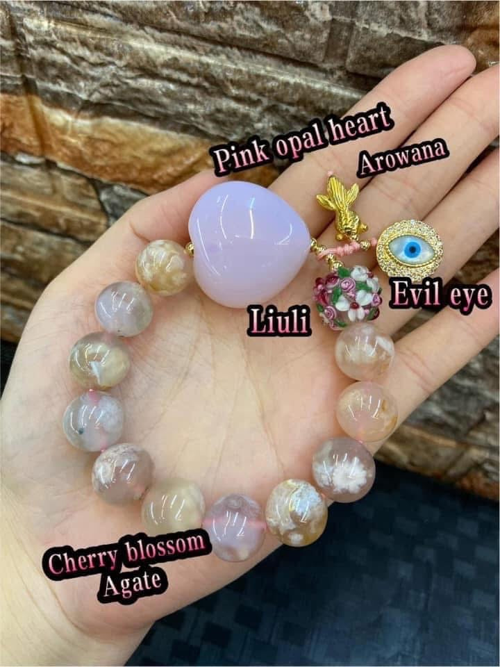 Cherry blossom Agate & pink opal heart over all good lucky charm Bracelet
