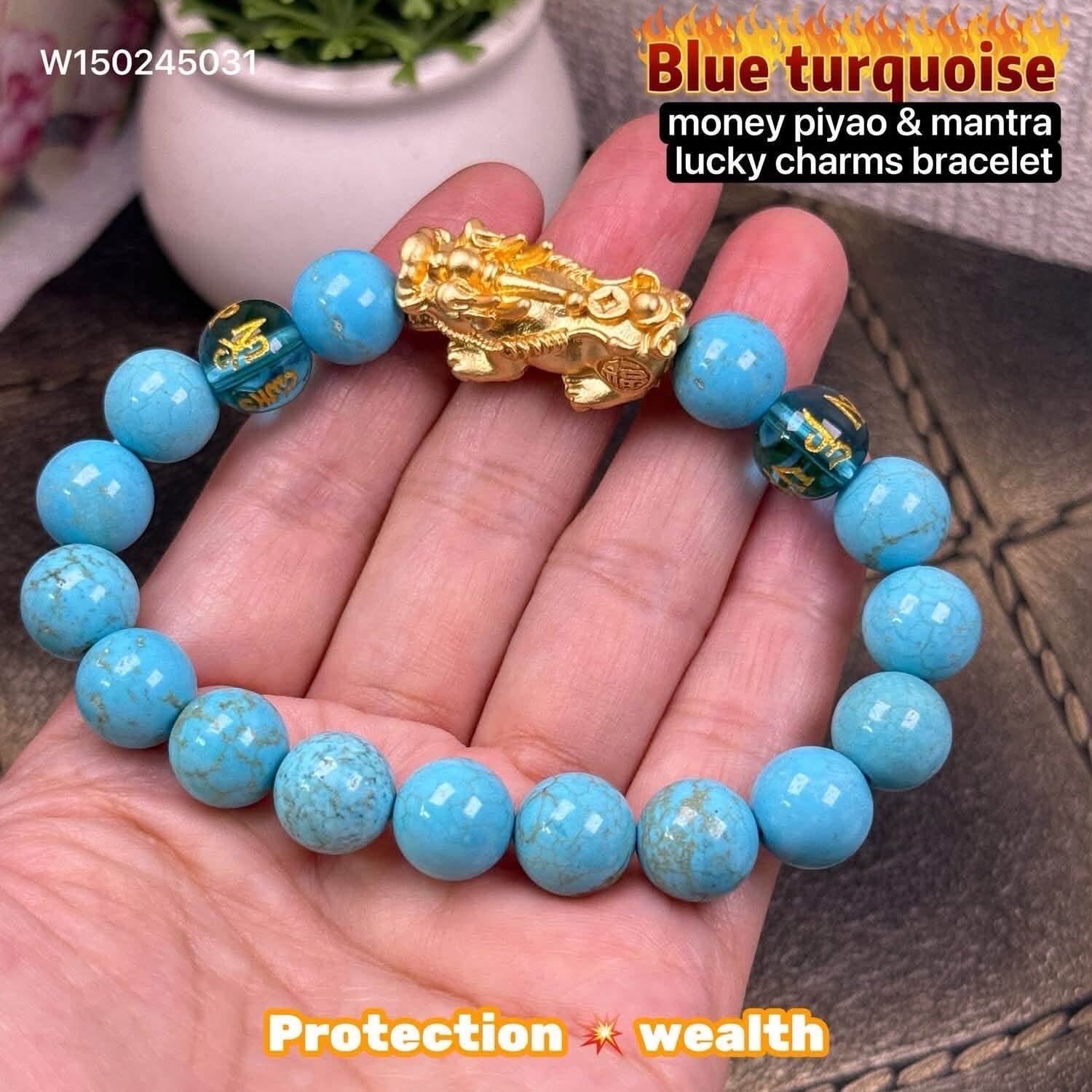 Blue Turquoise with money piyao poxiu and protection mantra lucky charms bracelet