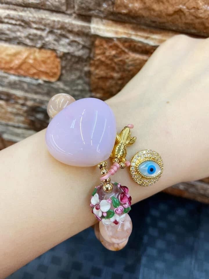 Cherry blossom Agate & pink opal heart over all good lucky charm Bracelet