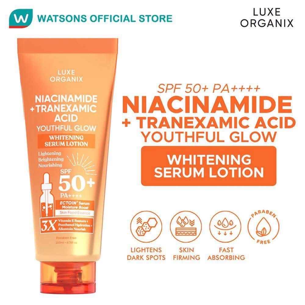 Luxe Organix - Niacinamide + “ TRANEXAMIC ACID “ Youthful Glow Whitening Serum Lotion SPF50 PA++++ 200ml - ( ORANGE )