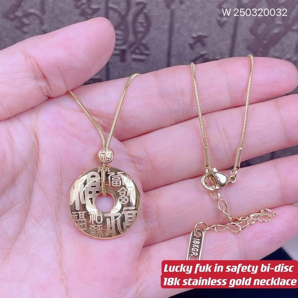 lucky fuk in safety bi-disc 18k stainless necklace