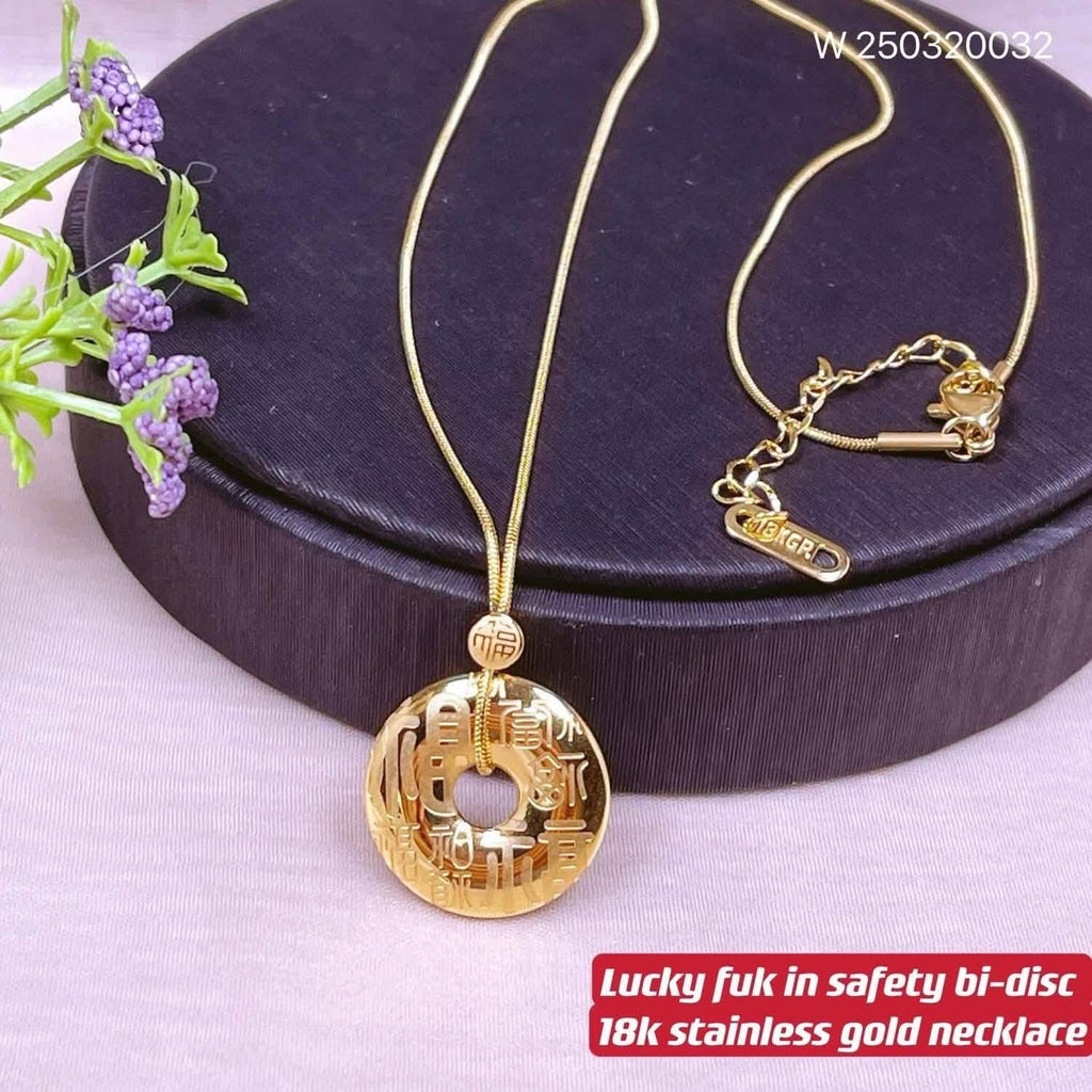 lucky fuk in safety bi-disc 18k stainless necklace