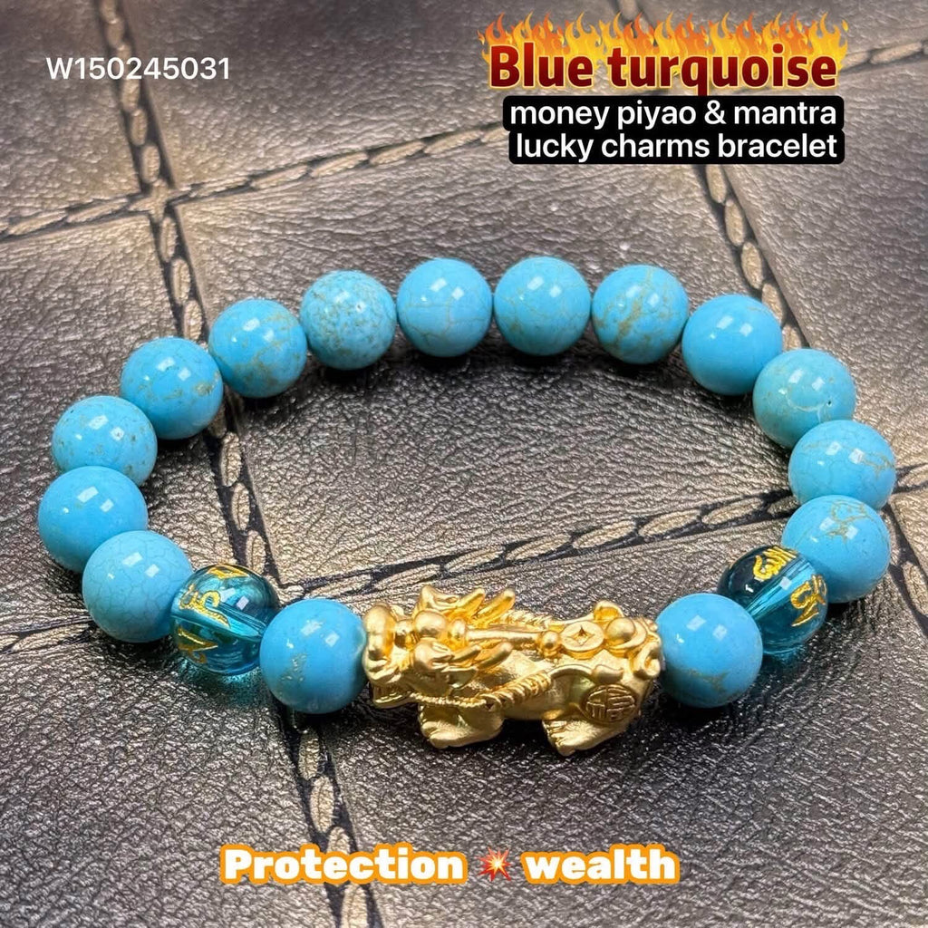 Blue Turquoise with money piyao poxiu and protection mantra lucky charms bracelet