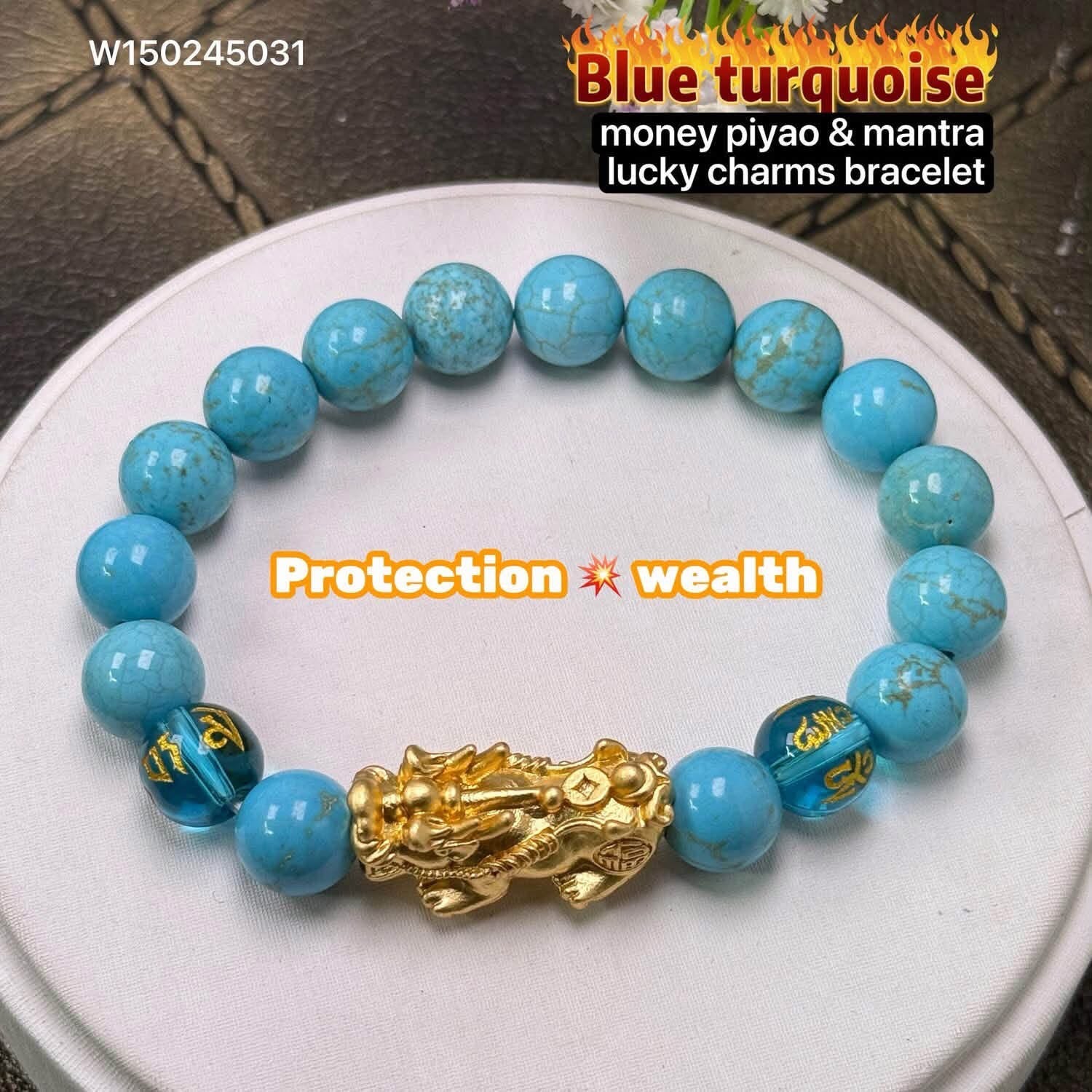 Blue Turquoise with money piyao poxiu and protection mantra lucky charms bracelet