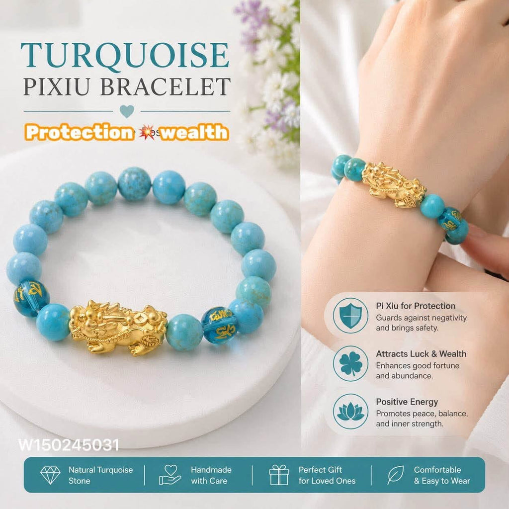 Blue Turquoise with money piyao poxiu and protection mantra lucky charms bracelet