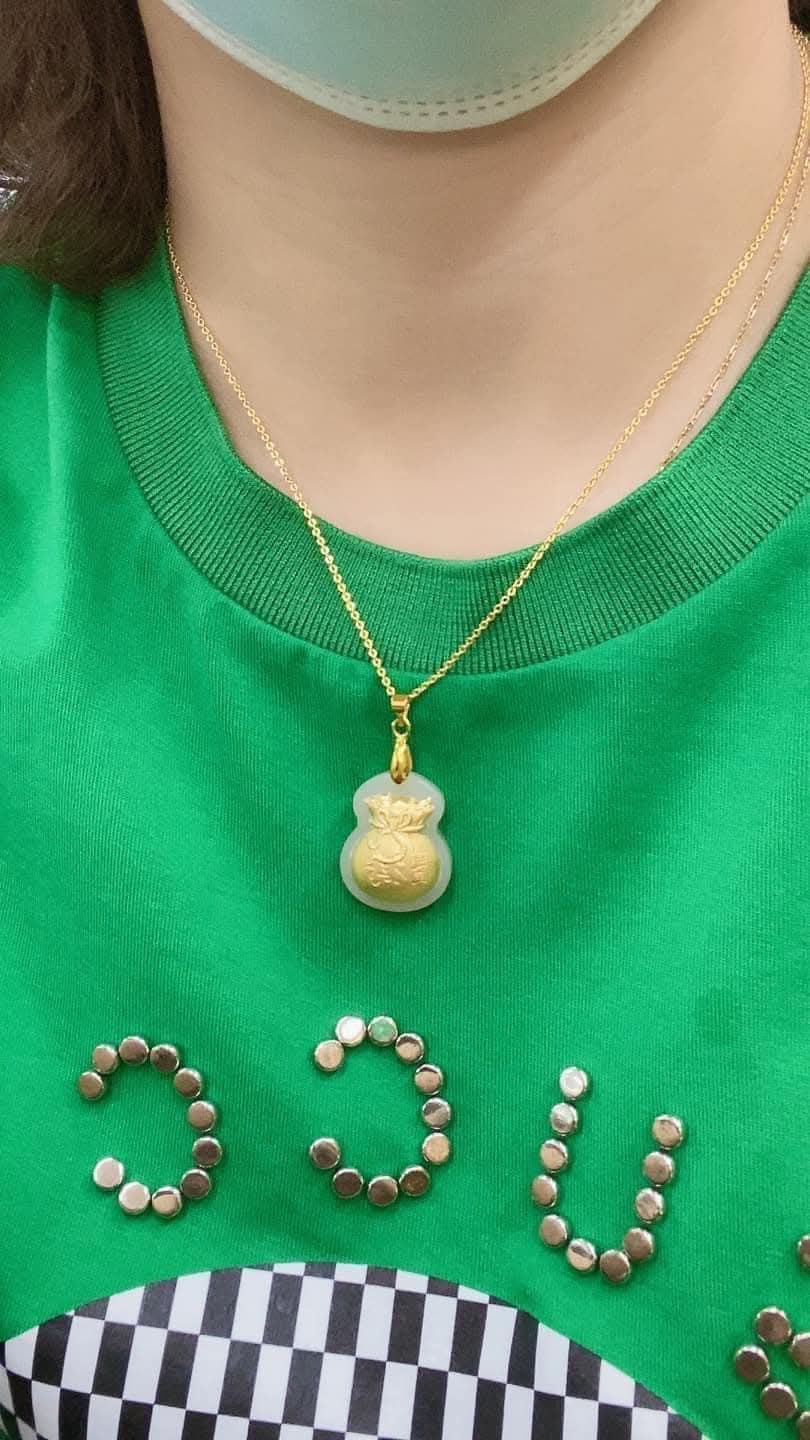 Hetian jade money pao 24k surface gold charms necklace
