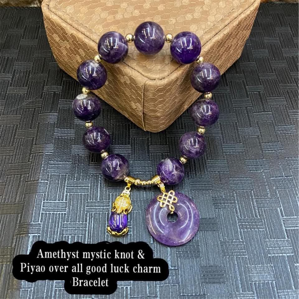 Amethyst mystic knot & piyao over All good luck charm bracelet