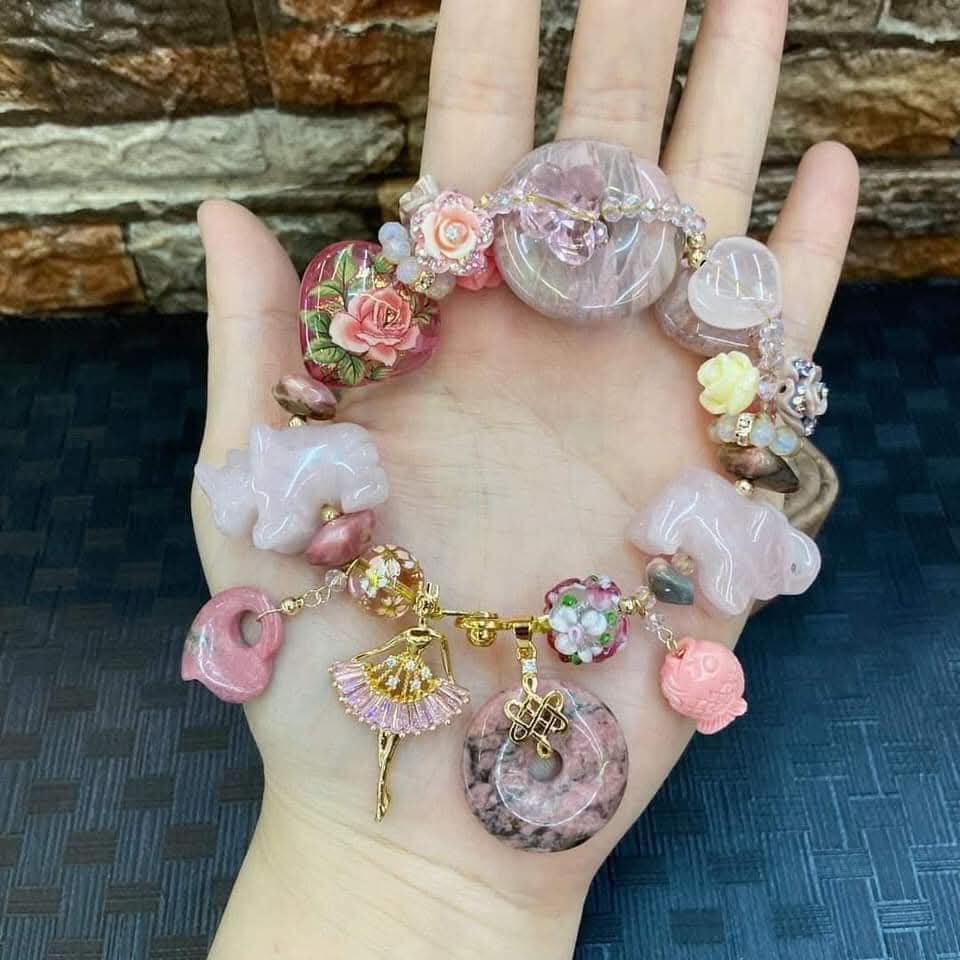 Rhodochrosite & Rose Quartz over all good Luck charm bracelet