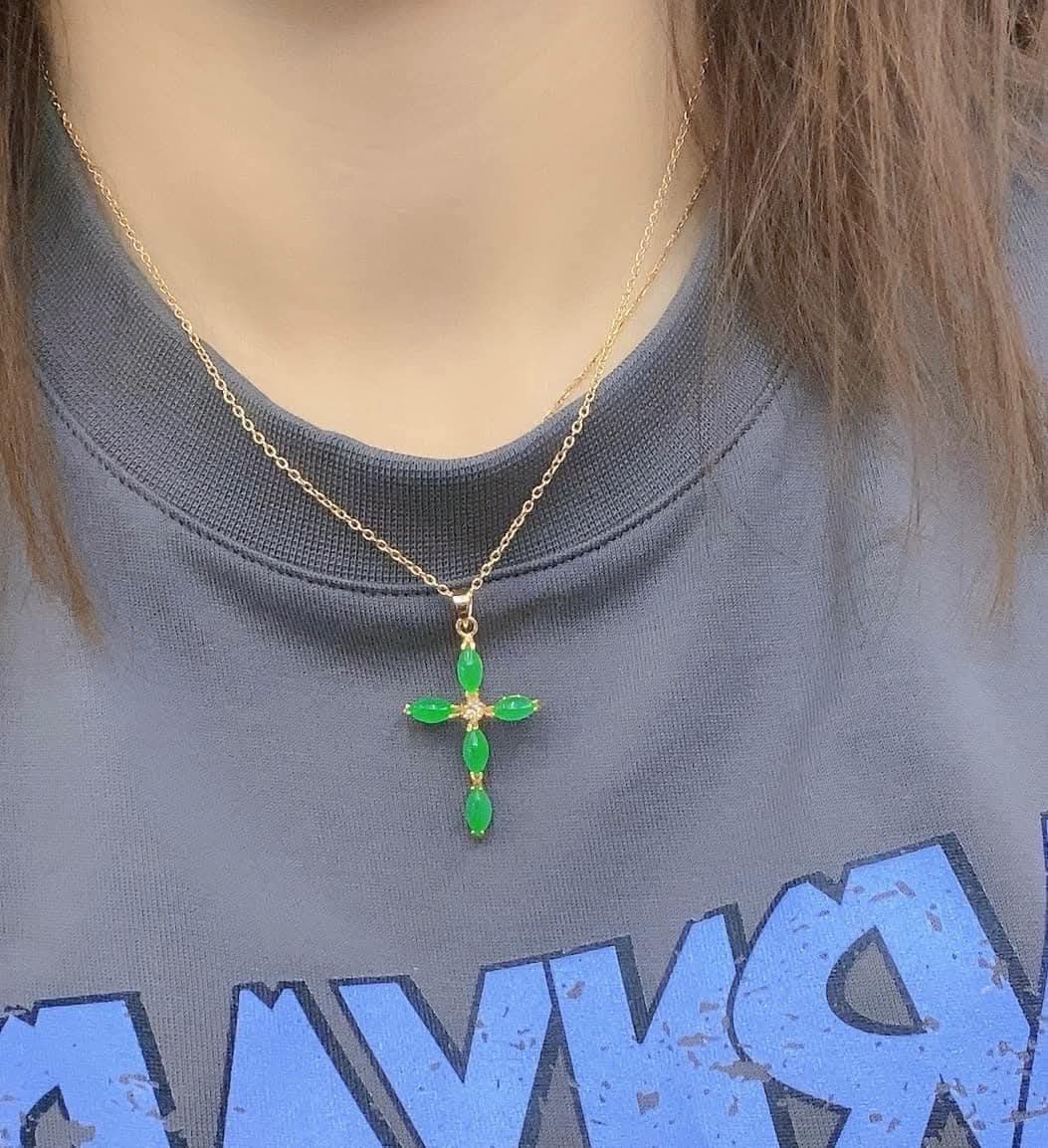 Cross green jade lucky charm necklace