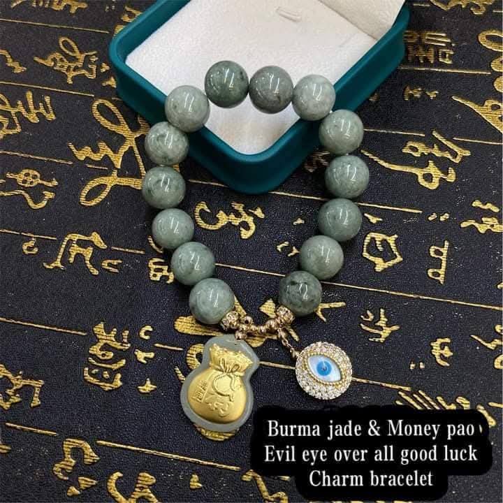 BURMA JADE & MONEY PAO with EVIL EYE OVER ALL GOOD LUCK CHARM BRACELET