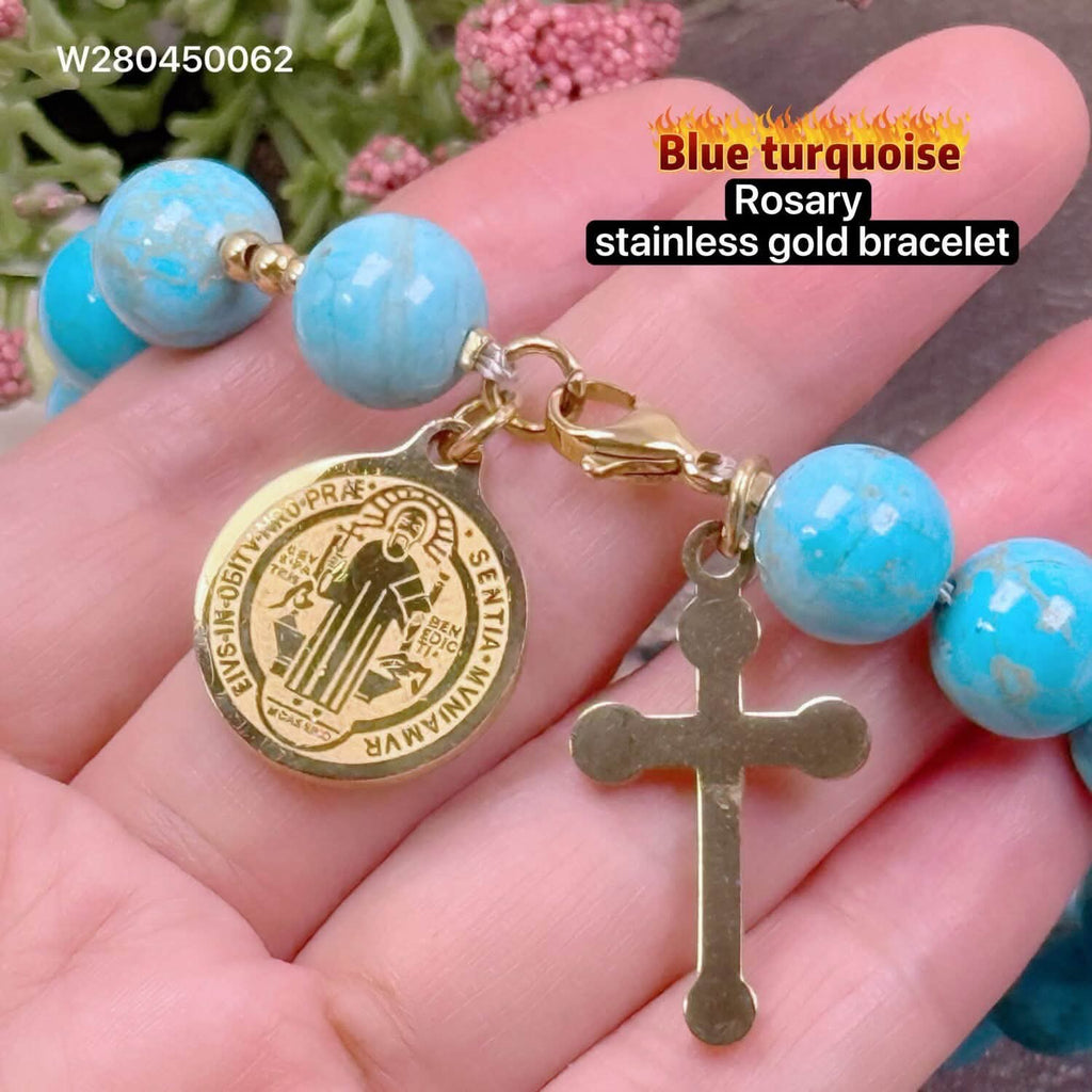 Blue Turquoise rosary stainless gold bracelet
