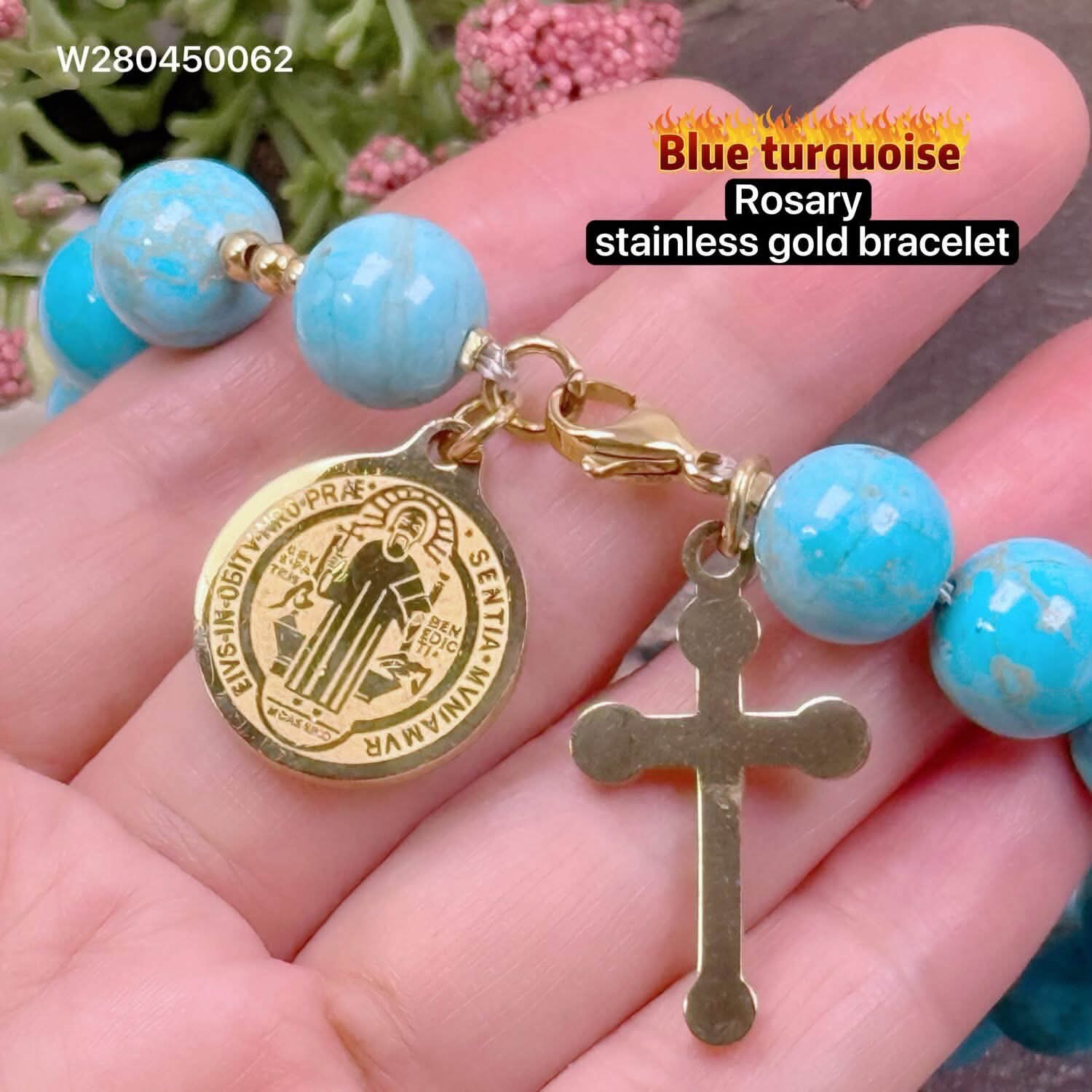 Blue Turquoise rosary stainless gold bracelet