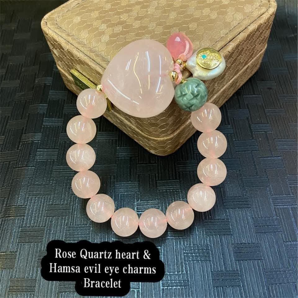 Heart Rose Quartz over all Good luck charm bracelet