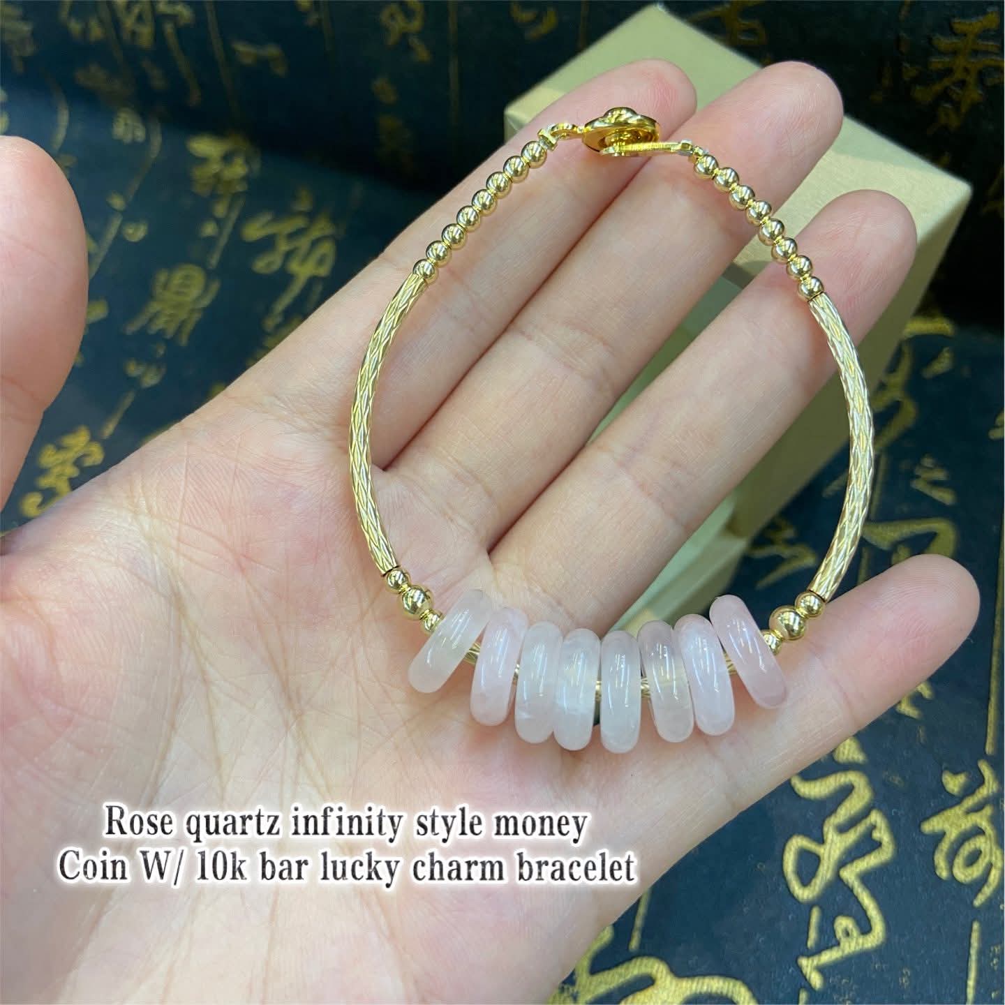 LUCKY 8 INFINITY MONEY COIN ROSE QUARTZ IN 10K & BALLS CHARM BRACELET