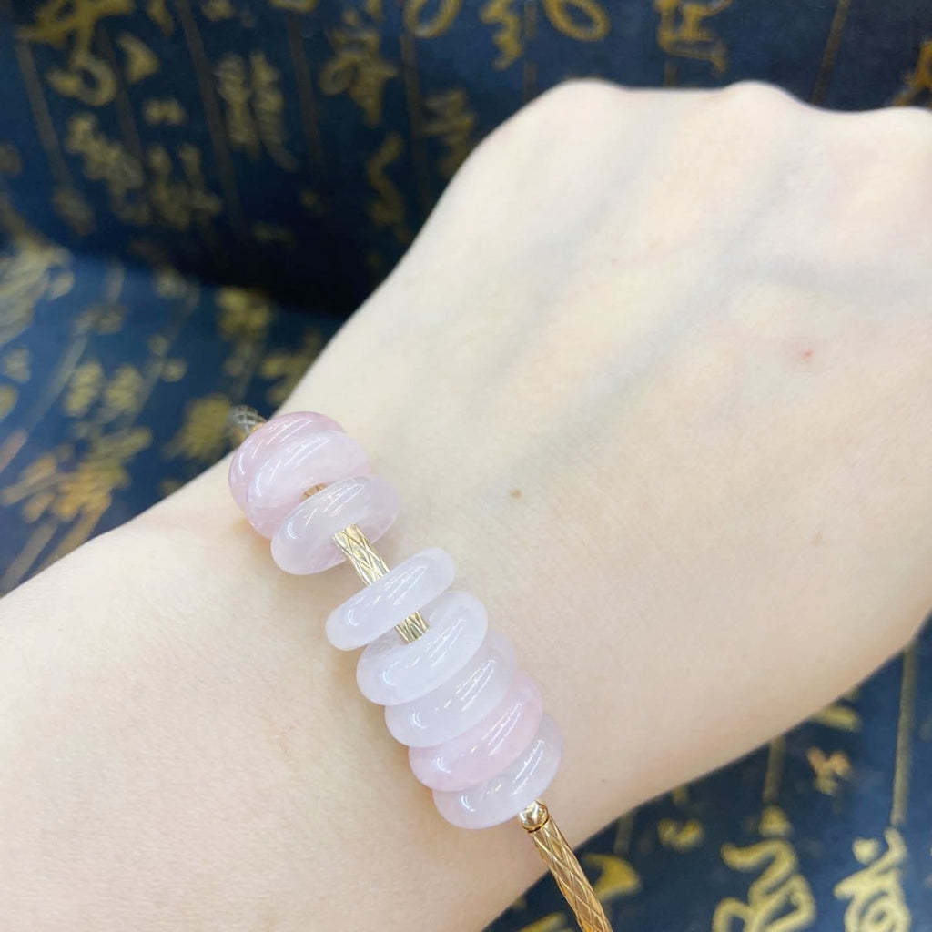 LUCKY 8 INFINITY MONEY COIN ROSE QUARTZ IN 10K & BALLS CHARM BRACELET