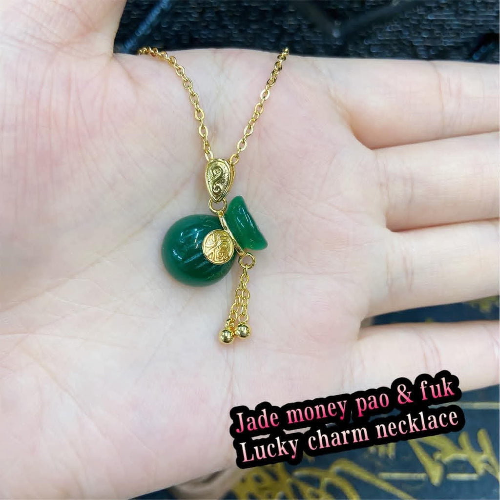 Jade money pao & Fuk over all good luck charm Necklace