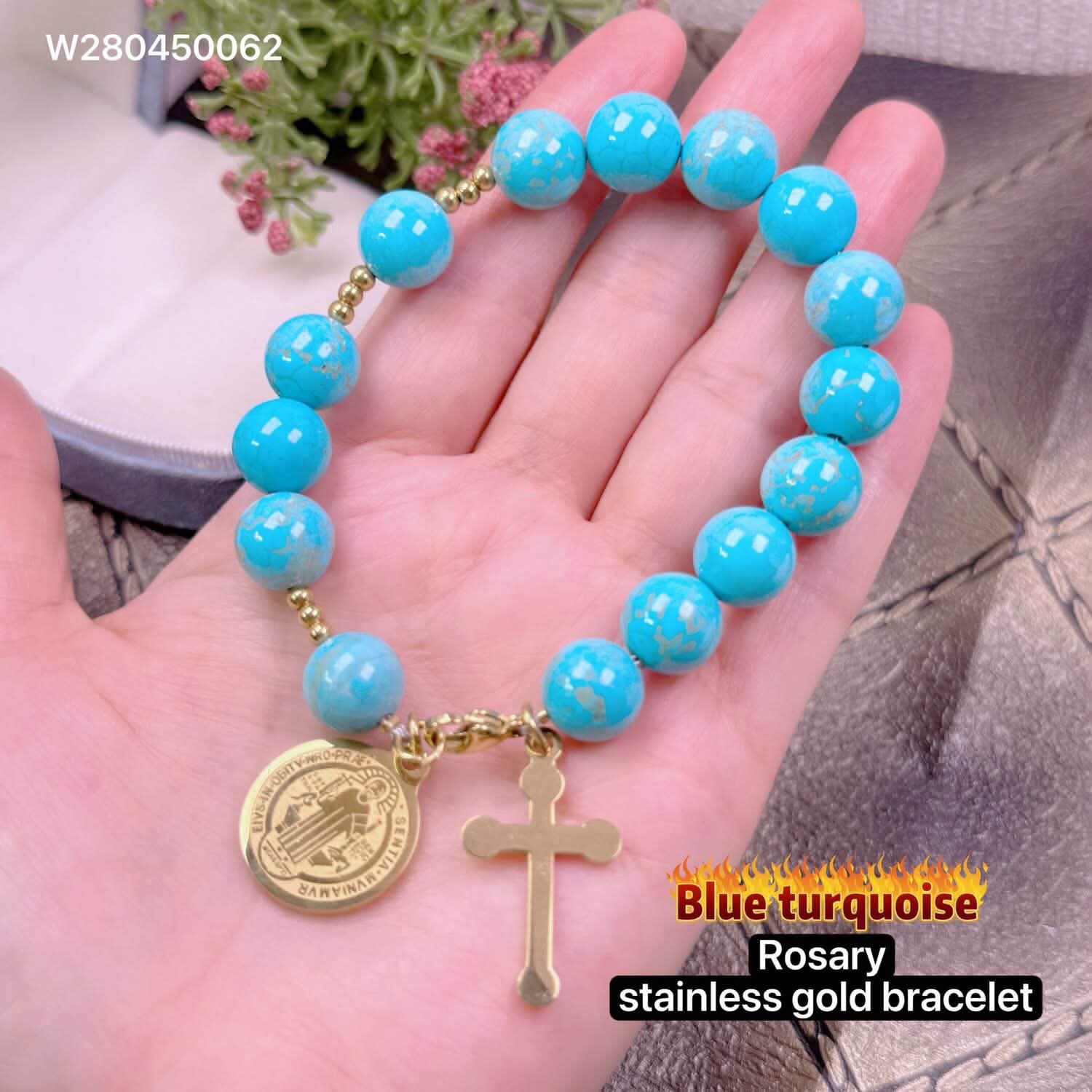 Blue Turquoise rosary stainless gold bracelet