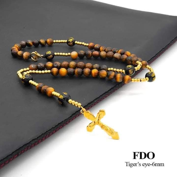 Tiger's eye black obsidian mantra rosary cross necklace