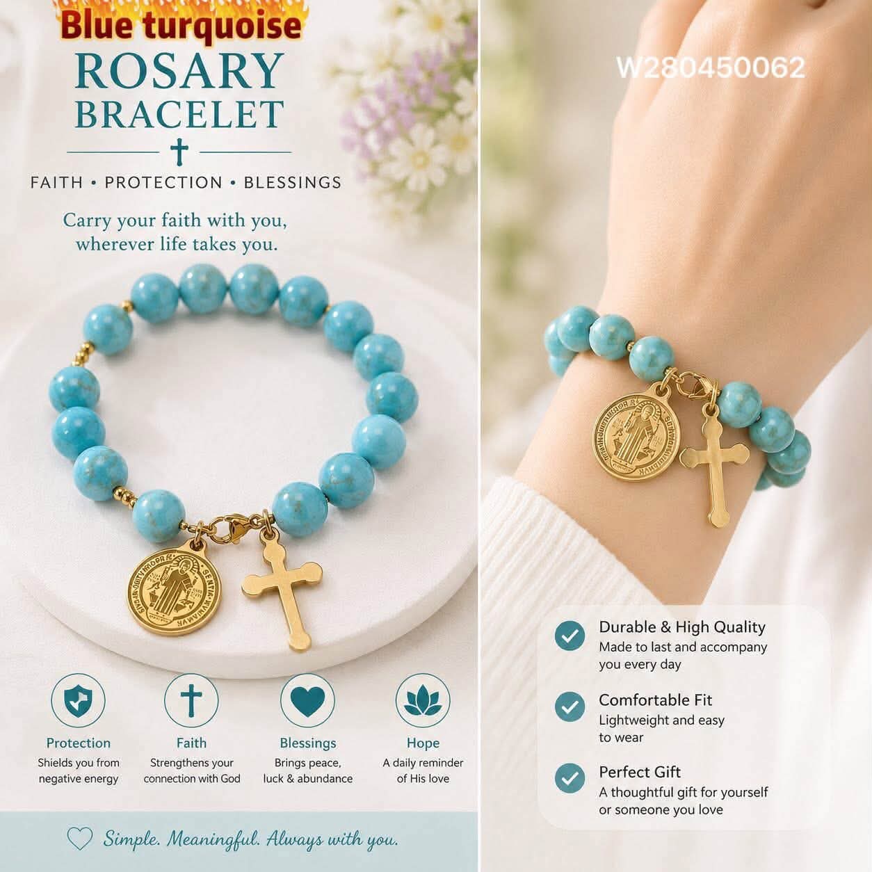 Blue Turquoise rosary stainless gold bracelet