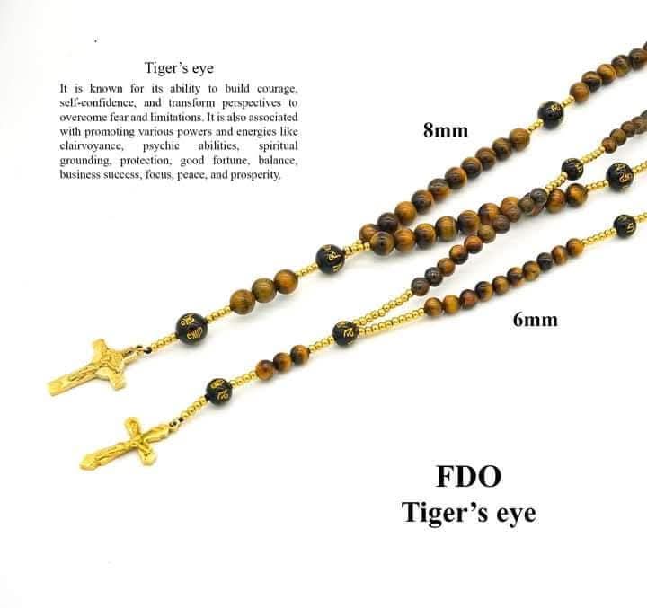 Tiger's eye black obsidian mantra rosary cross necklace