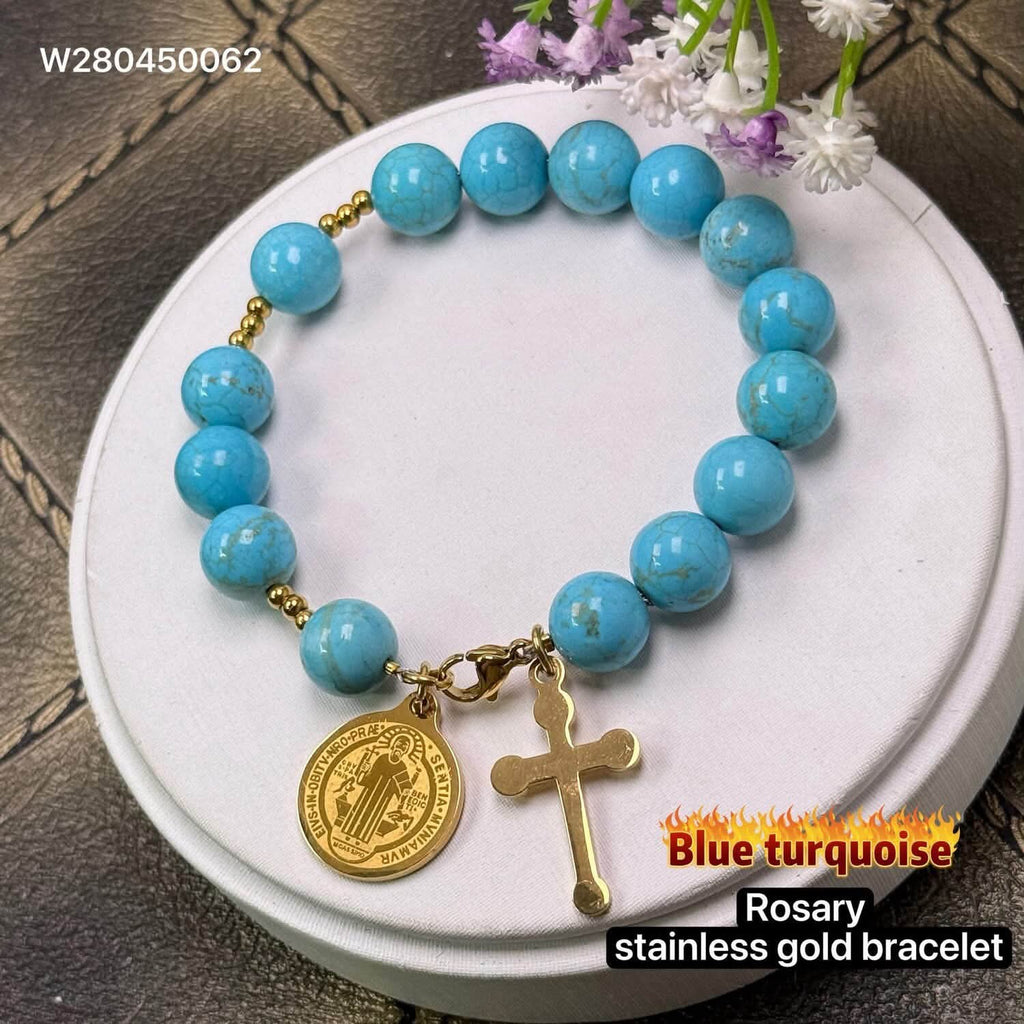 Blue Turquoise rosary stainless gold bracelet