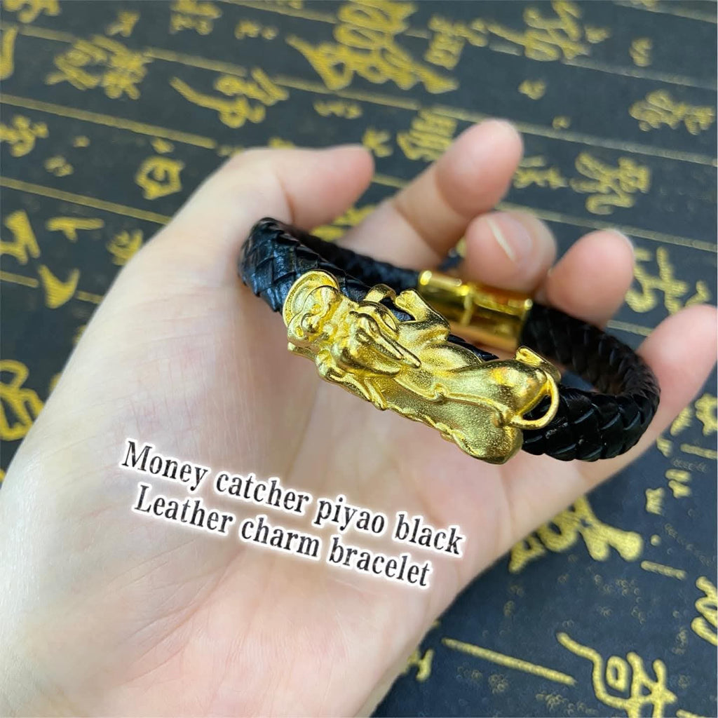PIYAO MONEY CATCHER THAILAND GOLD IN BLACK LEATHER CHARM BRACELET