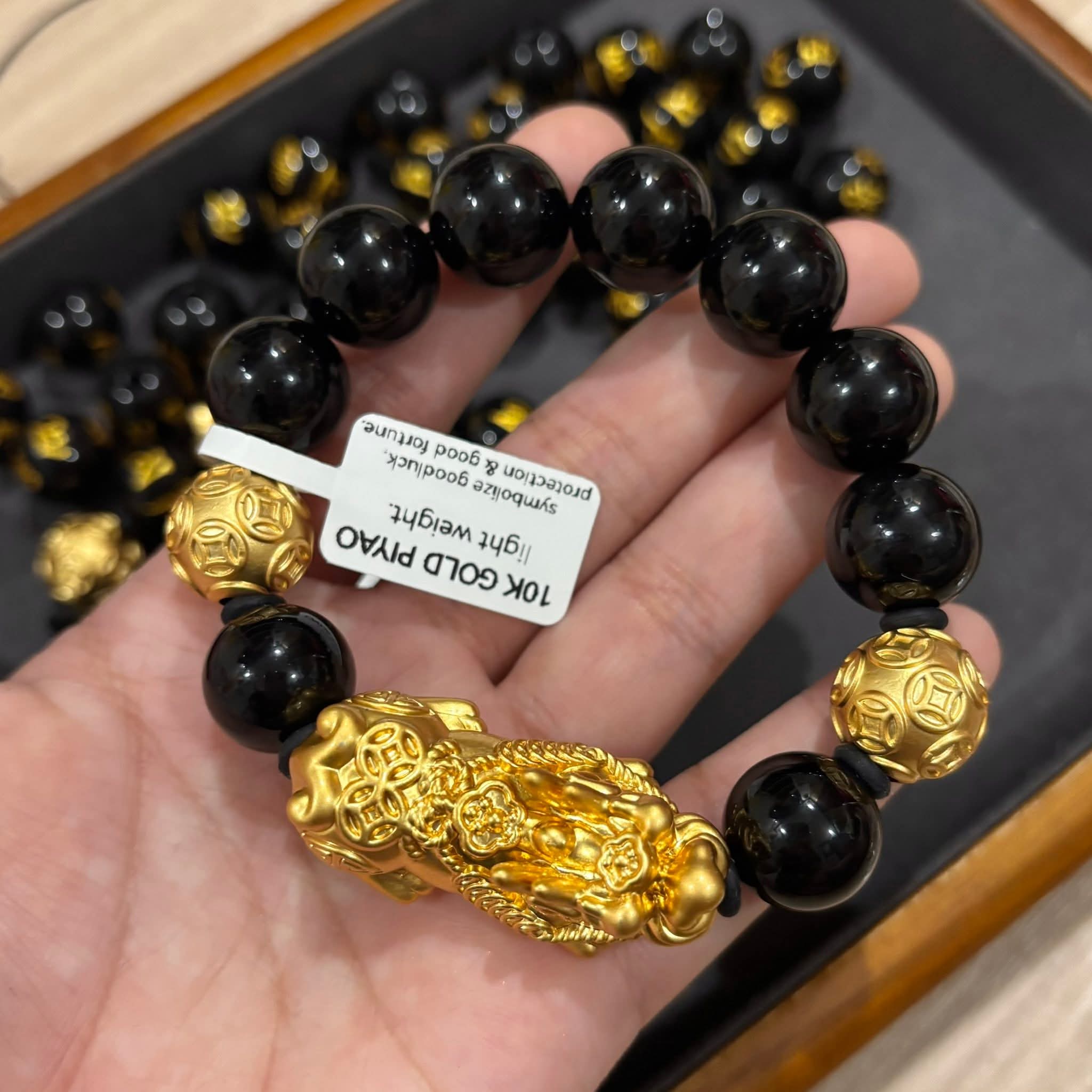 10K Gold Piyao — XXL 14mm 
Black Onyx & Black Mantra Stone