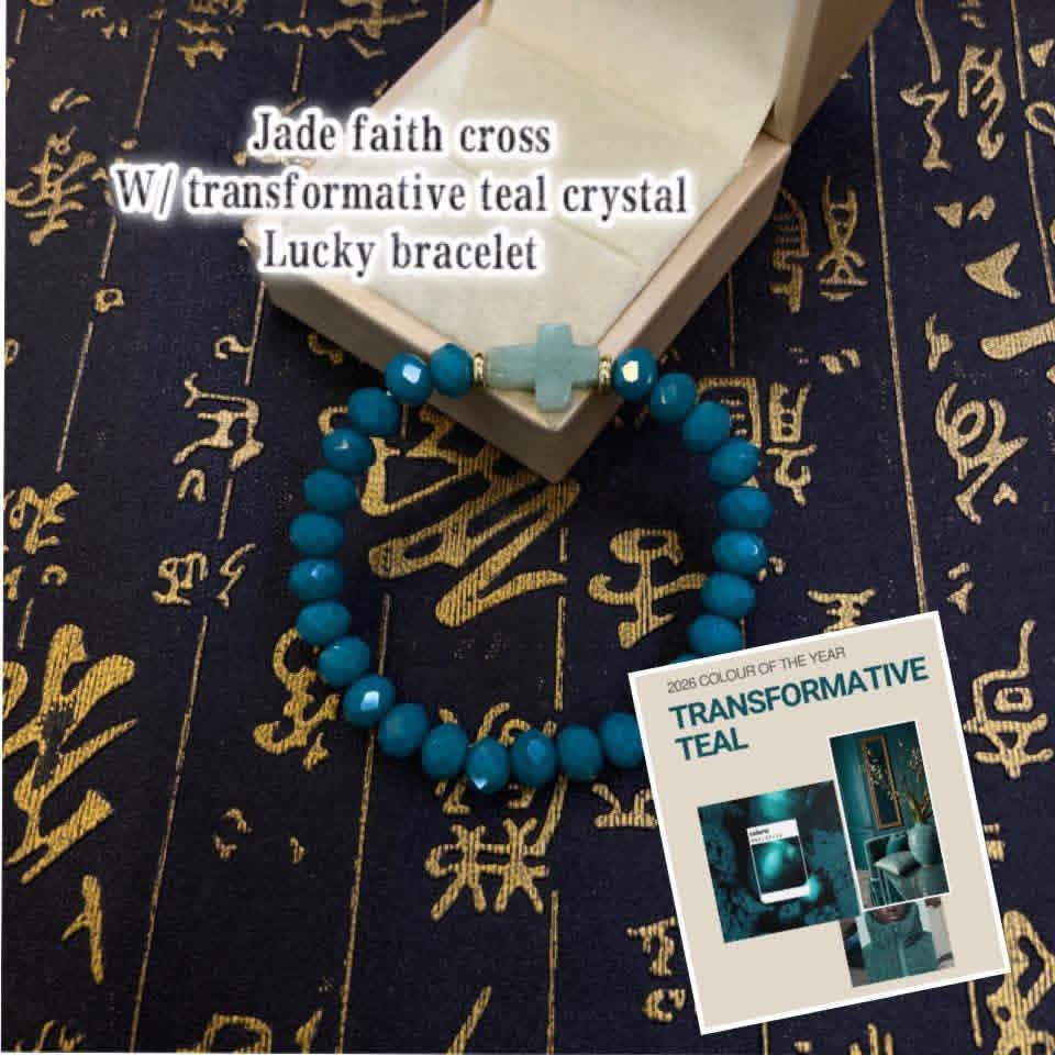 Jade faith cross with Transformative  teal bracelet