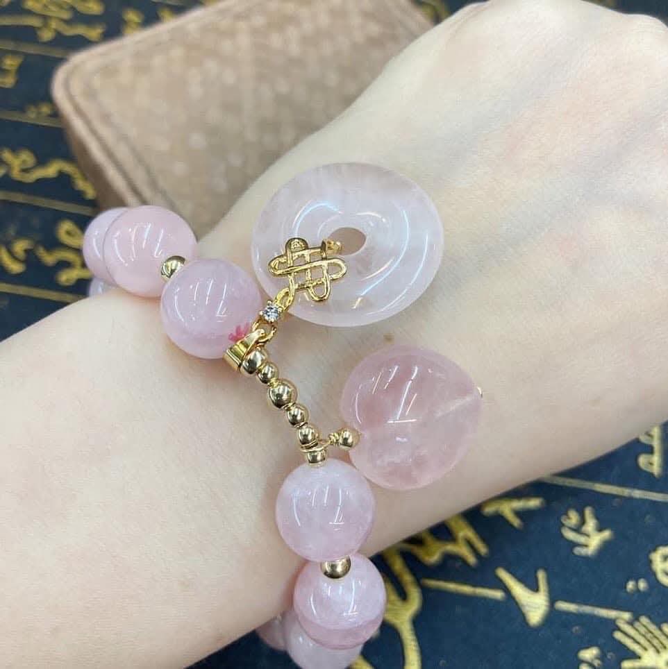 Rose Quartz money coin mystic knot & heart lucky charm bracelet size 7 /7.5 standard