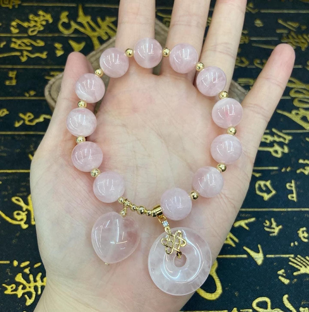 Rose Quartz money coin mystic knot & heart lucky charm bracelet size 7 /7.5 standard