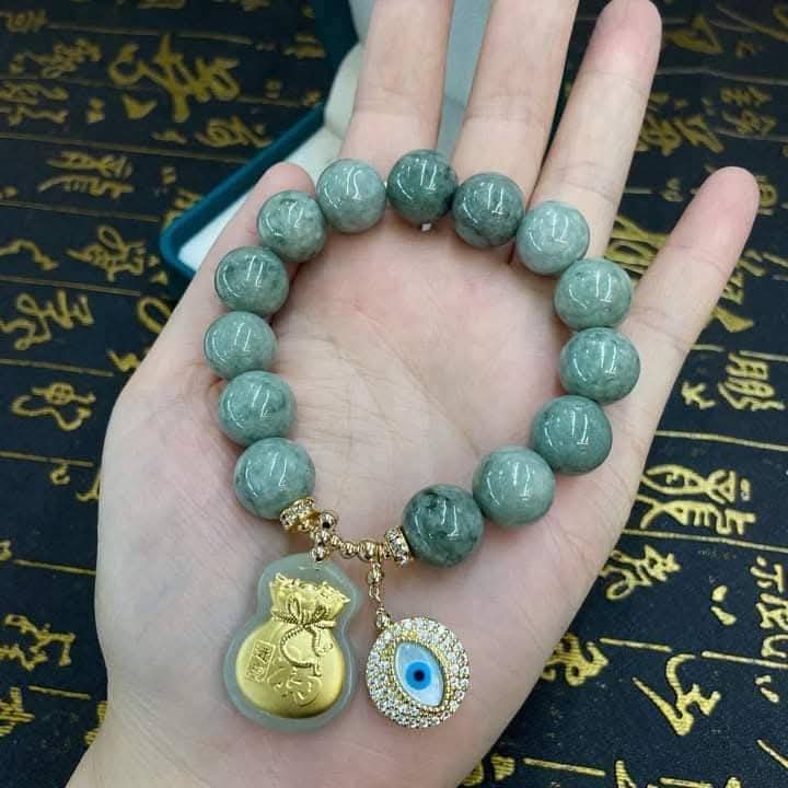 BURMA JADE & MONEY PAO with EVIL EYE OVER ALL GOOD LUCK CHARM BRACELET