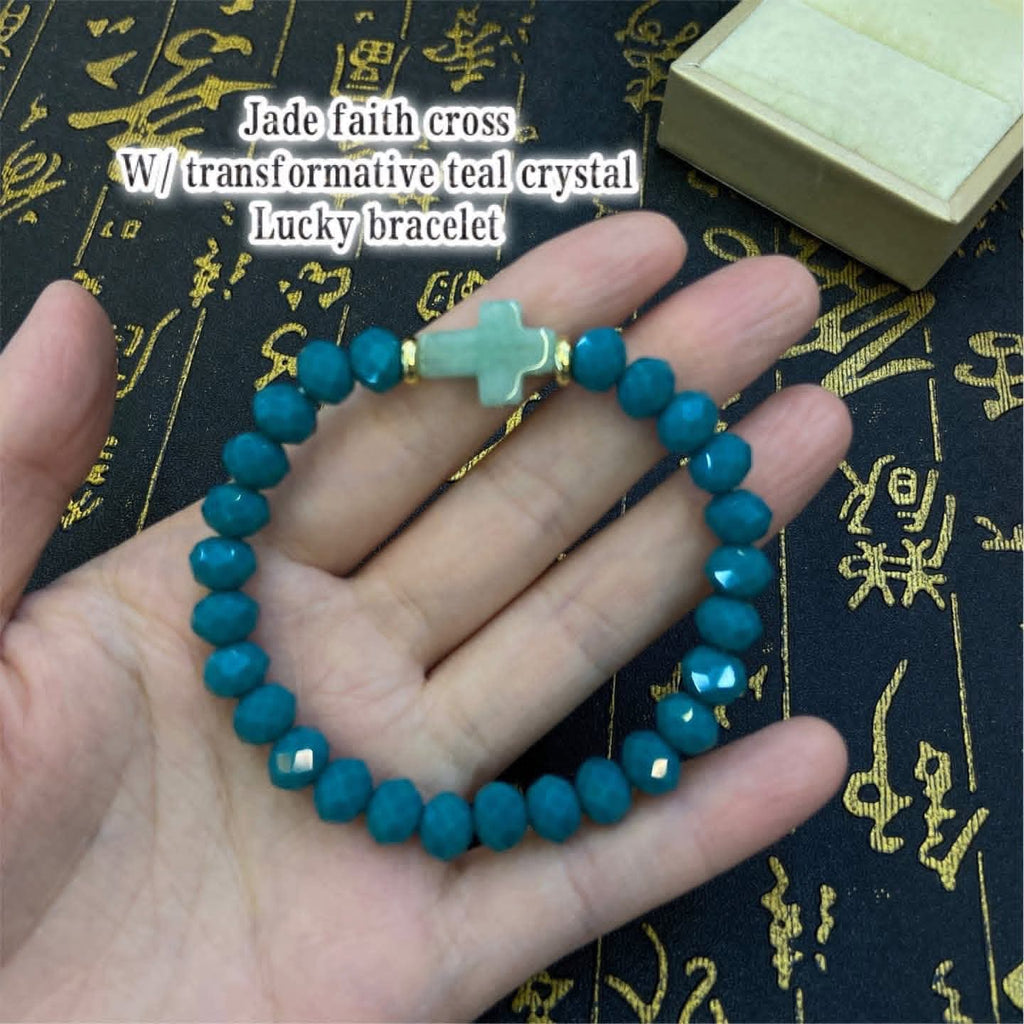 Jade faith cross with Transformative  teal bracelet