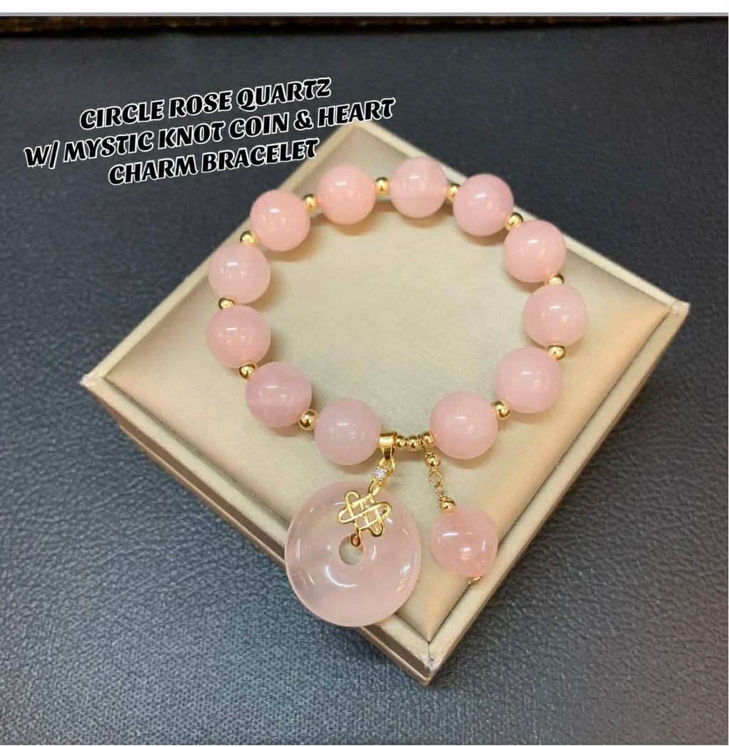 Rose Quartz money coin mystic knot & heart lucky charm bracelet size 7 /7.5 standard
