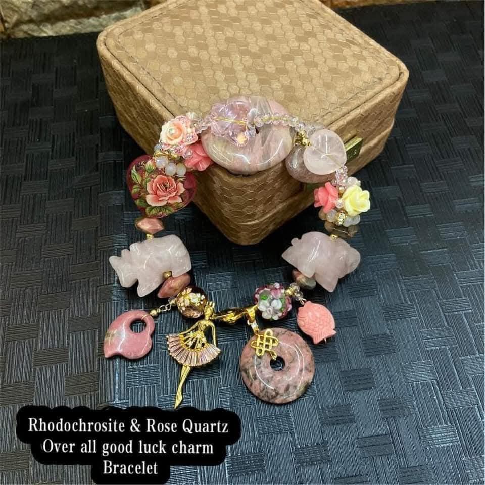 Rhodochrosite & Rose Quartz over all good Luck charm bracelet