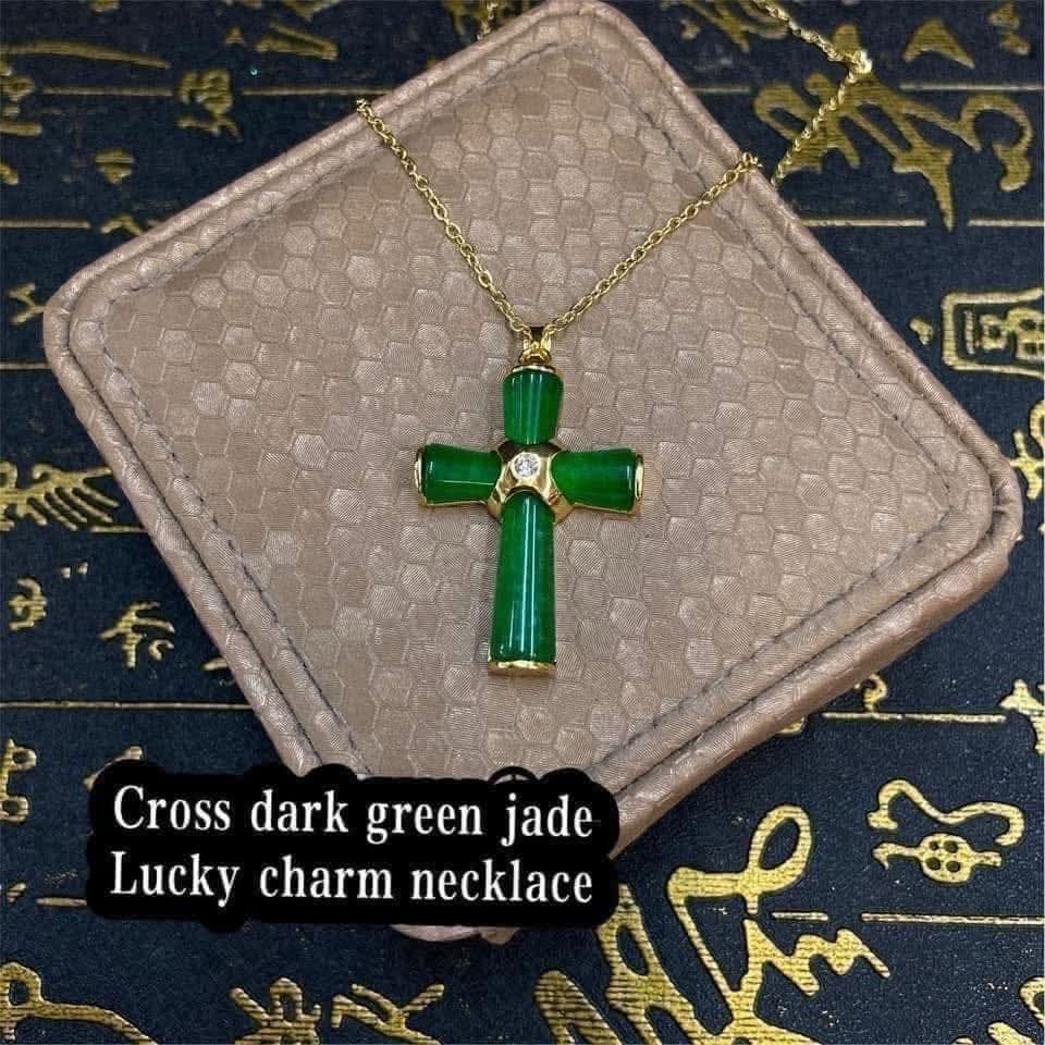 Cross dark green jade lucky charm necklace